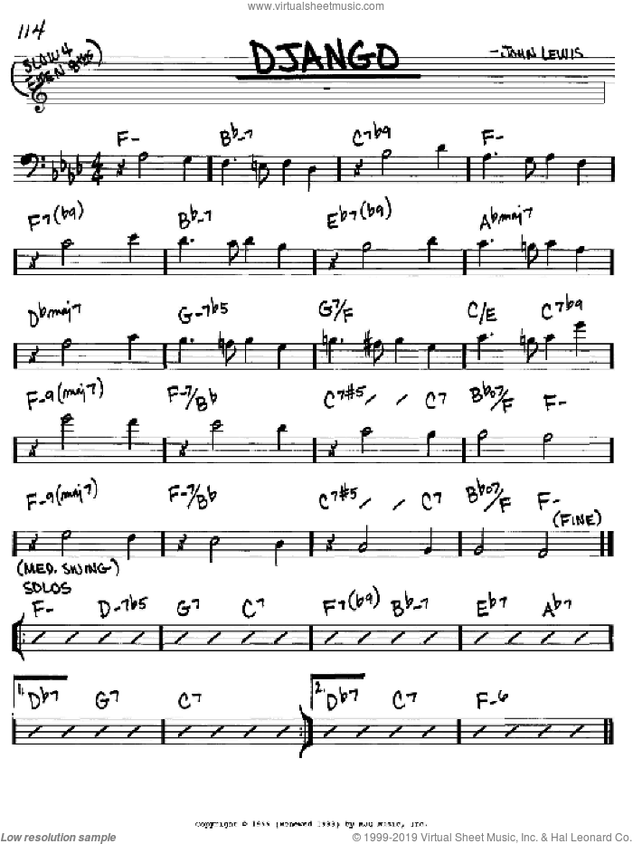 Django sheet music for voice and other instruments (bass clef) by John Lewis, intermediate skill level