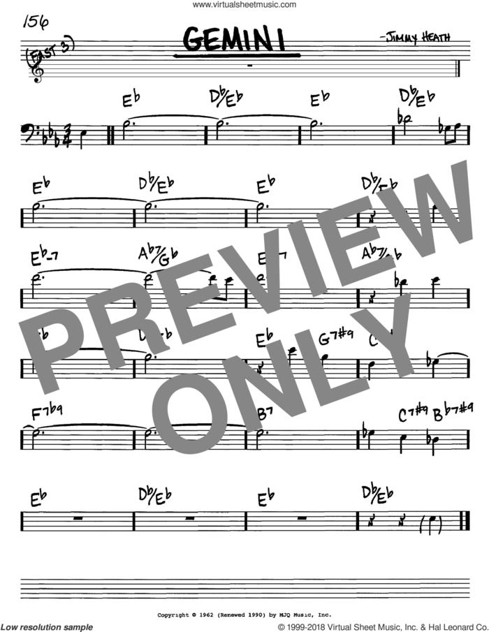 Gemini sheet music for voice and other instruments (bass clef) by Jimmy Heath, intermediate skill level