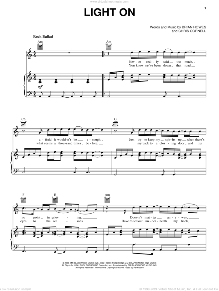 Light On sheet music for voice, piano or guitar by David Cook, Brian Howes and Chris Cornell, intermediate skill level