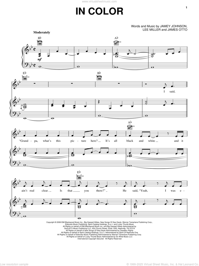 In Color sheet music for voice, piano or guitar by Jamey Johnson, James Otto and Lee Thomas Miller, intermediate skill level