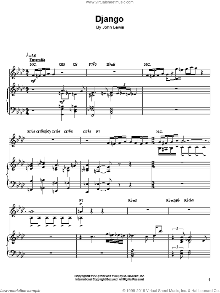 Django sheet music for piano solo by John Lewis, intermediate skill level