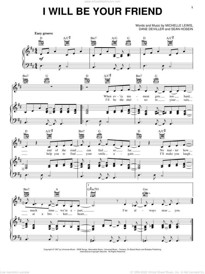 I Will Be Your Friend sheet music for voice, piano or guitar by Amy Grant, Dane Deviller, Michelle Lewis and Sean Hosein, intermediate skill level