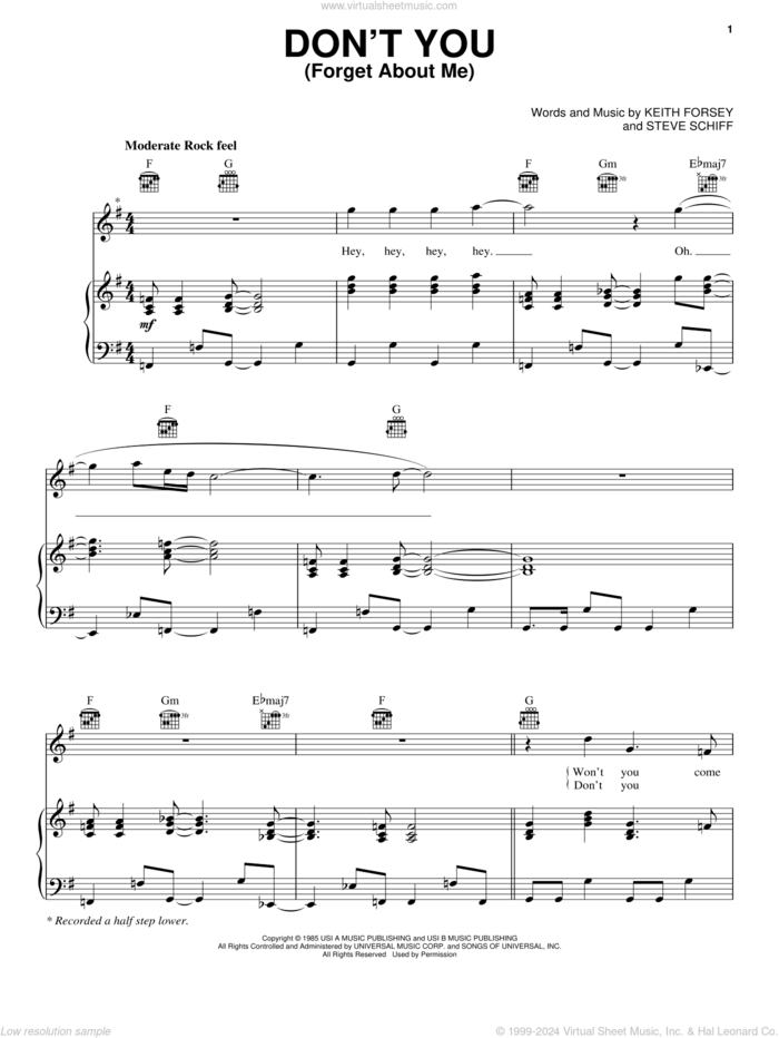 Don't You (Forget About Me) sheet music for voice, piano or guitar by Hawk Nelson, Simple Minds, Keith Forsey and Steve Schiff, intermediate skill level