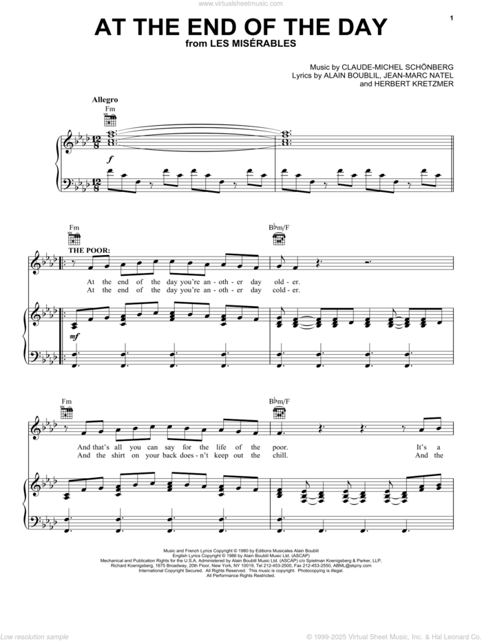 At The End Of The Day sheet music for voice, piano or guitar by Alain Boublil, Les Miserables (Musical), Claude-Michel Schonberg, Herbert Kretzmer and Jean-Marc Natel, intermediate skill level