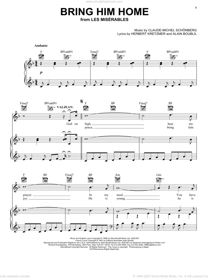 Bring Him Home (from Les Miserables) sheet music for voice, piano or guitar by Alain Boublil, Les Miserables (Musical), Claude-Michel Schonberg and Herbert Kretzmer, intermediate skill level