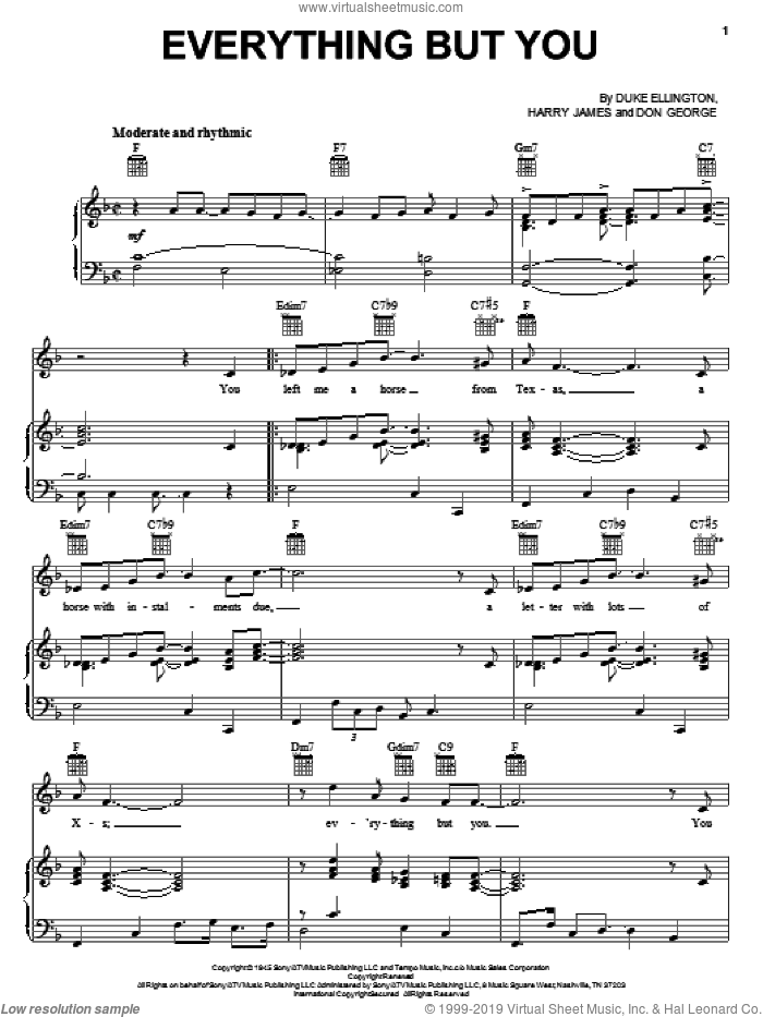 Everything But You sheet music for voice, piano or guitar by Duke Ellington, Don George and Harry James, intermediate skill level