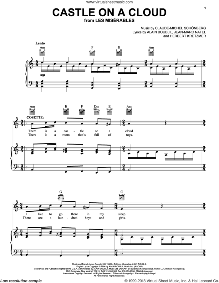 Castle On A Cloud sheet music for voice, piano or guitar by Alain Boublil, Les Miserables (Musical), Claude-Michel Schonberg, Herbert Kretzmer and Jean-Marc Natel, intermediate skill level
