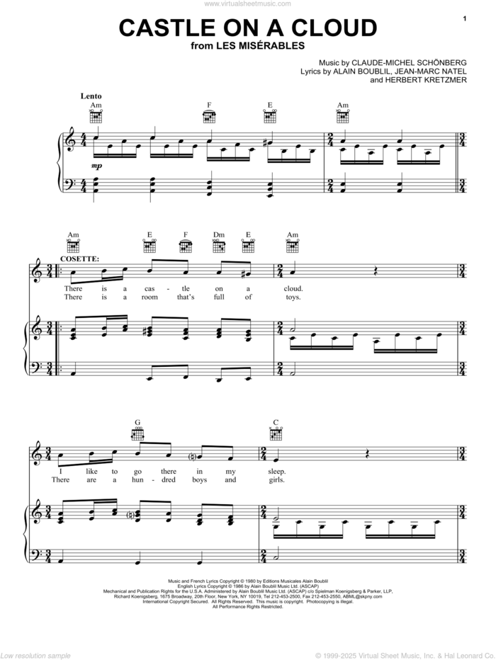 Castle On A Cloud sheet music for voice, piano or guitar by Alain Boublil, Les Miserables (Musical), Claude-Michel Schonberg, Herbert Kretzmer and Jean-Marc Natel, intermediate skill level