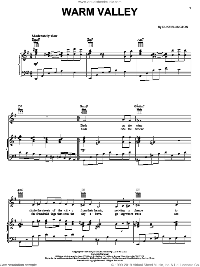 Warm Valley sheet music for voice, piano or guitar by Duke Ellington, intermediate skill level