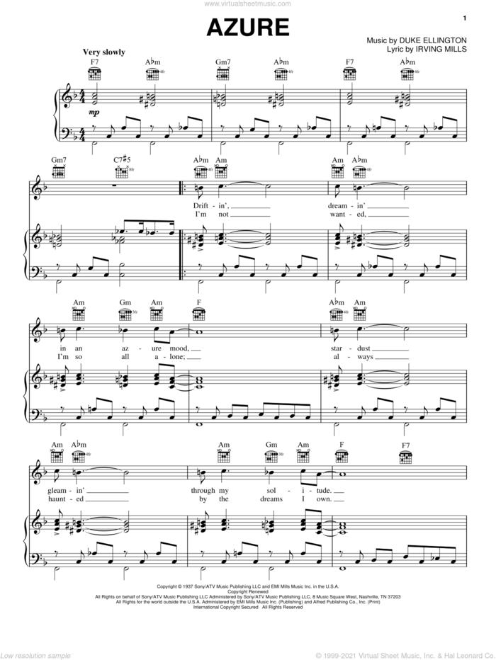 Azure sheet music for voice, piano or guitar by Duke Ellington and Irving Mills, intermediate skill level
