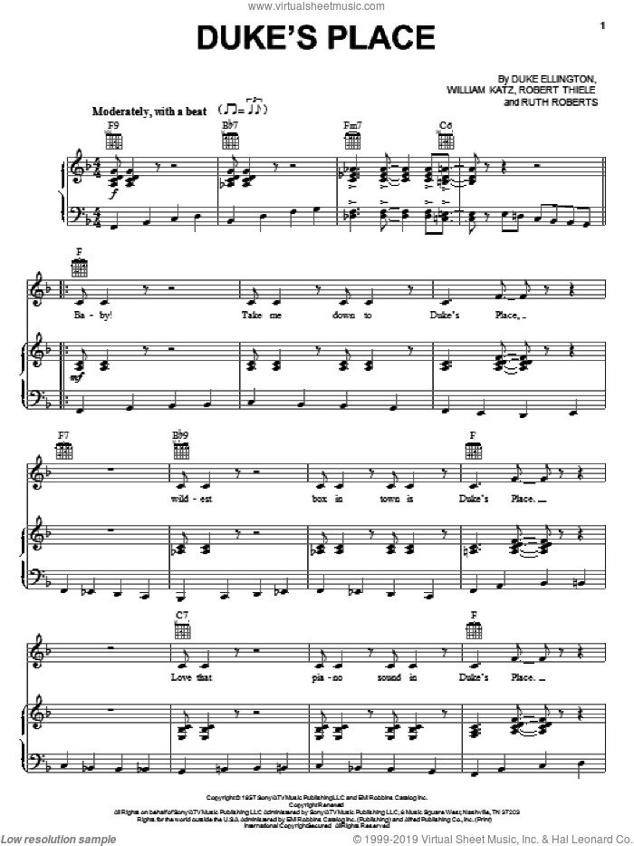 Duke's Place sheet music for voice, piano or guitar by Duke Ellington, Bob Thiele, Ruth Roberts and William Katz, intermediate skill level