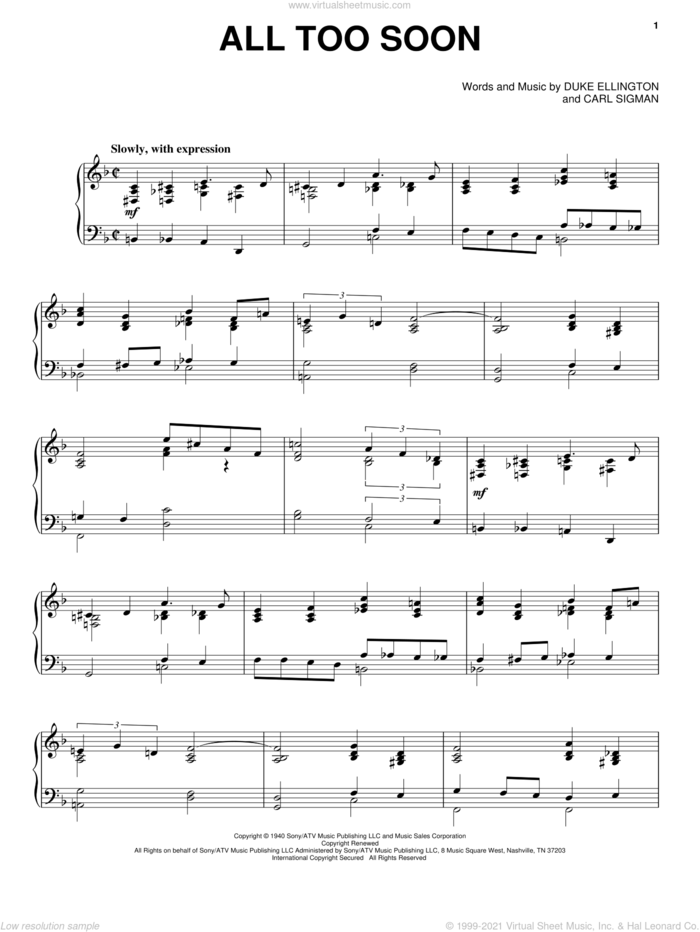 All Too Soon sheet music for piano solo by Duke Ellington and Carl Sigman, intermediate skill level