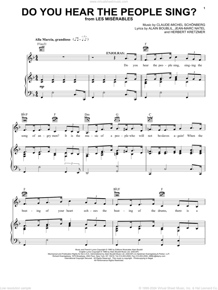 Do You Hear The People Sing? sheet music for voice, piano or guitar by Alain Boublil, Les Miserables (Musical), Claude-Michel Schonberg, Herbert Kretzmer and Jean-Marc Natel, intermediate skill level