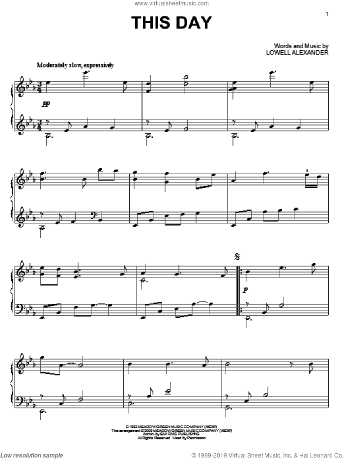 This Day sheet music for piano solo by Point Of Grace and Lowell Alexander, wedding score, intermediate skill level