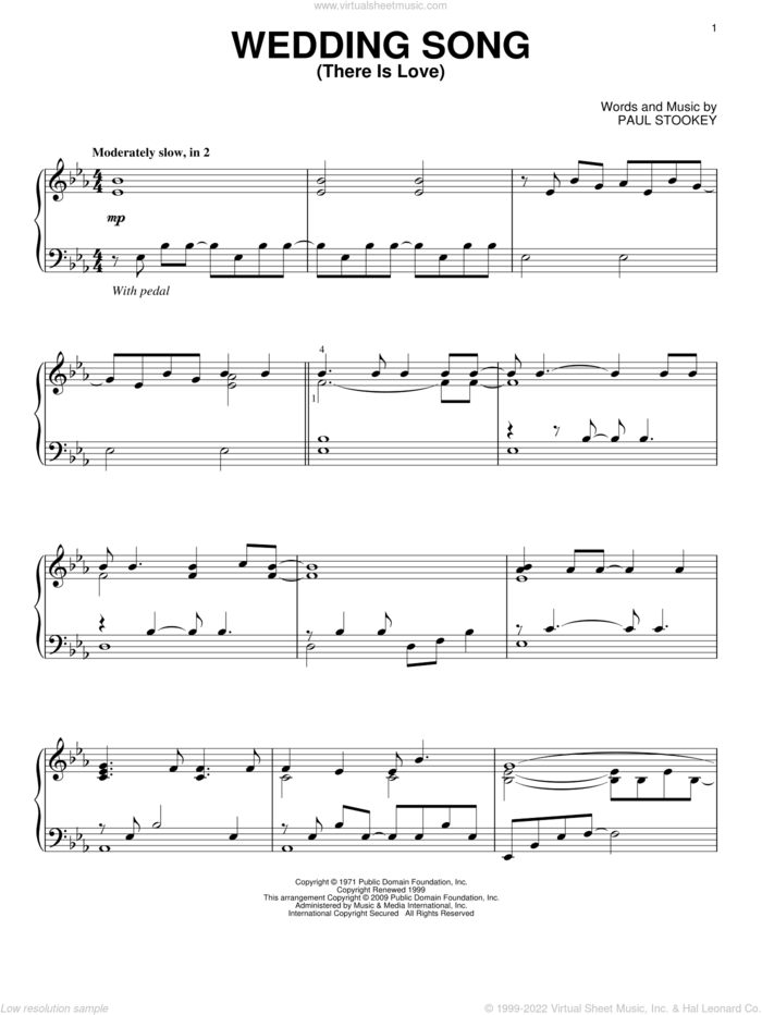 Wedding Song (There Is Love), (intermediate) sheet music for piano solo by Peter, Paul & Mary, Captain & Tennille, Petula Clark and Paul Stookey, wedding score, intermediate skill level