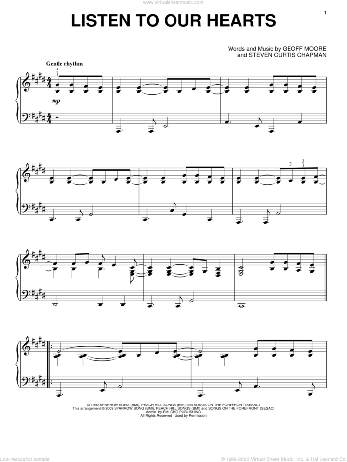 Listen To Our Hearts sheet music for piano solo by Geoff Moore & The Distance, Geoff Moore and Steven Curtis Chapman, wedding score, intermediate skill level