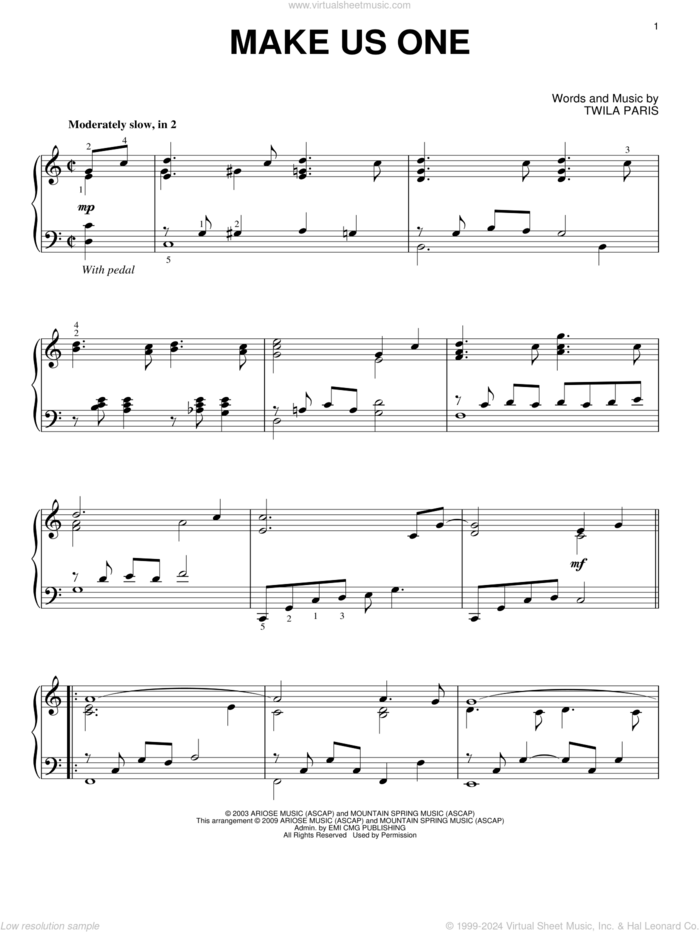 Make Us One sheet music for piano solo by Twila Paris, wedding score, intermediate skill level