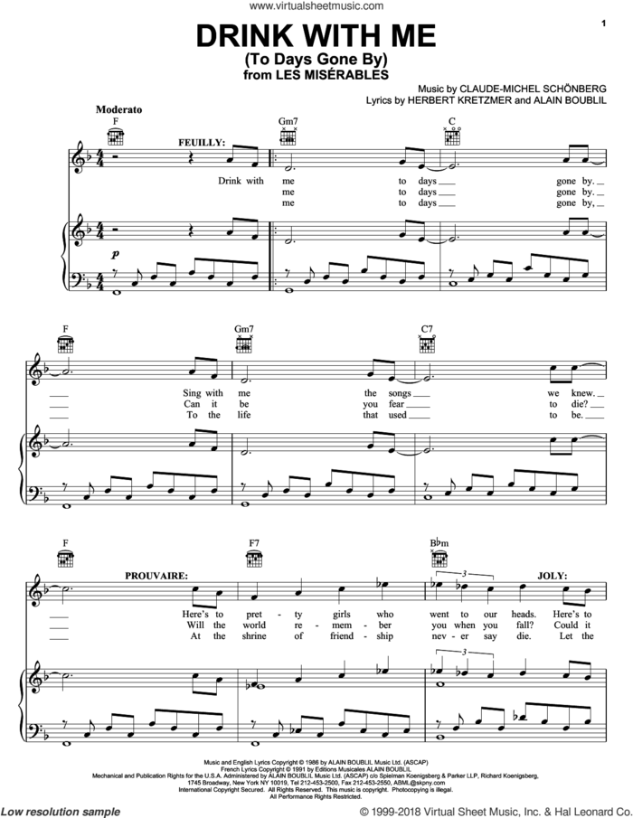 Drink With Me (To Days Gone By) sheet music for voice, piano or guitar by Alain Boublil, Les Miserables (Musical), Claude-Michel Schonberg and Herbert Kretzmer, intermediate skill level