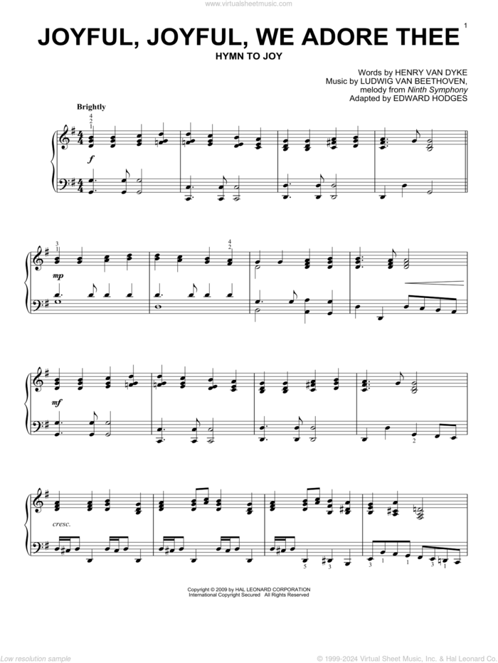 Joyful, Joyful, We Adore Thee (arr. John Leavitt) sheet music for piano solo by Ludwig van Beethoven, Edward Hodges and Henry van Dyke, classical wedding score, intermediate skill level