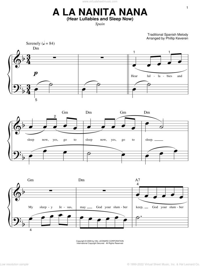 A La Nanita Nana (Hear Lullabies And Sleep Now) (arr. Phillip Keveren) sheet music for piano solo (big note book)  and Phillip Keveren, easy piano (big note book)
