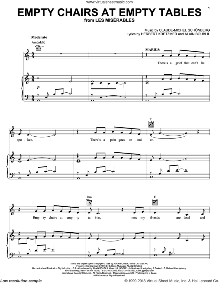 Empty Chairs At Empty Tables sheet music for voice, piano or guitar by Alain Boublil, Les Miserables (Musical), Claude-Michel Schonberg and Herbert Kretzmer, intermediate skill level
