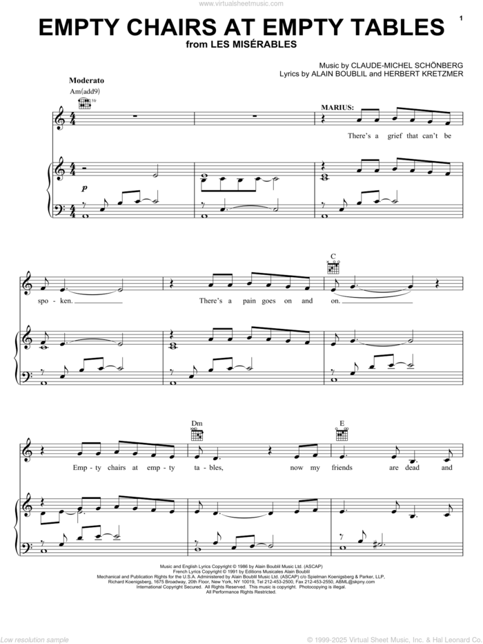 Empty Chairs At Empty Tables sheet music for voice, piano or guitar by Alain Boublil, Les Miserables (Musical), Claude-Michel Schonberg and Herbert Kretzmer, intermediate skill level