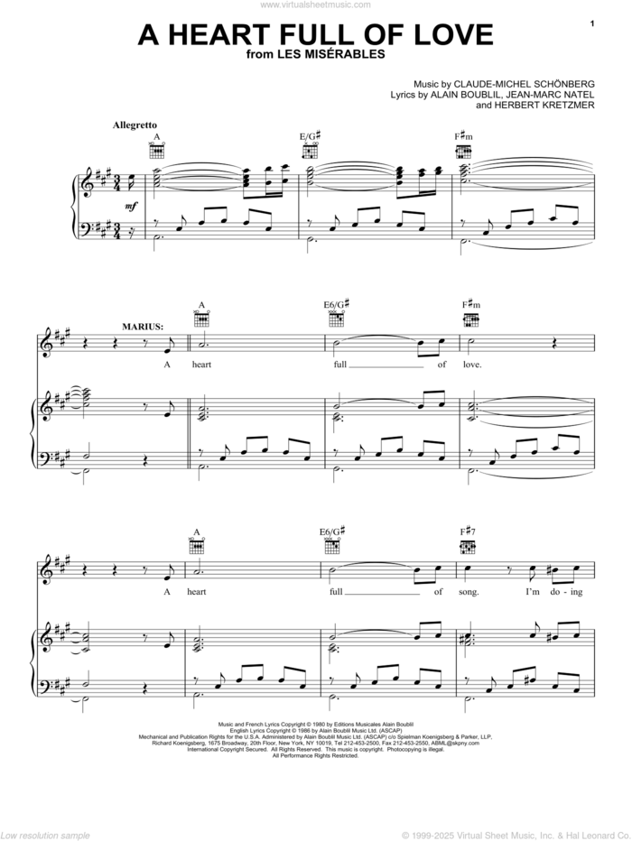 A Heart Full Of Love sheet music for voice, piano or guitar by Alain Boublil, Les Miserables (Musical), Claude-Michel Schonberg, Herbert Kretzmer and Jean-Marc Natel, intermediate skill level