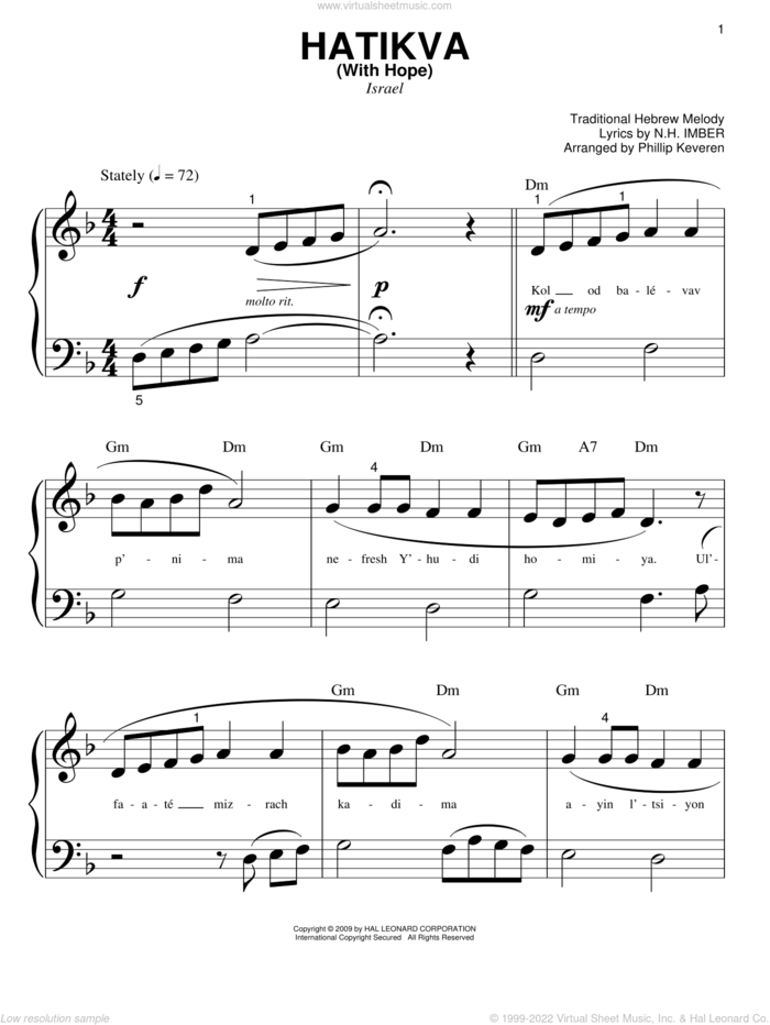 Hatikvah (With Hope) (arr. Phillip Keveren) sheet music for piano solo (big note book) by Naftali Herz Imber, Phillip Keveren and Miscellaneous, easy piano (big note book)