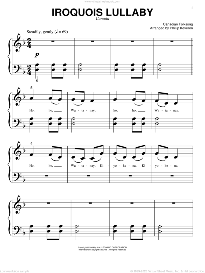 Iroquois Lullaby (arr. Phillip Keveren) sheet music for piano solo (big note book) by Canadian Folk Song and Phillip Keveren, easy piano (big note book)