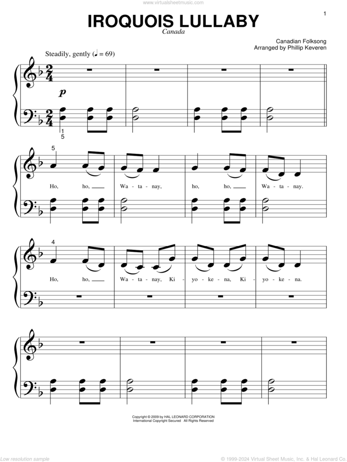 Iroquois Lullaby (arr. Phillip Keveren) sheet music for piano solo (big note book) by Canadian Folk Song and Phillip Keveren, easy piano (big note book)