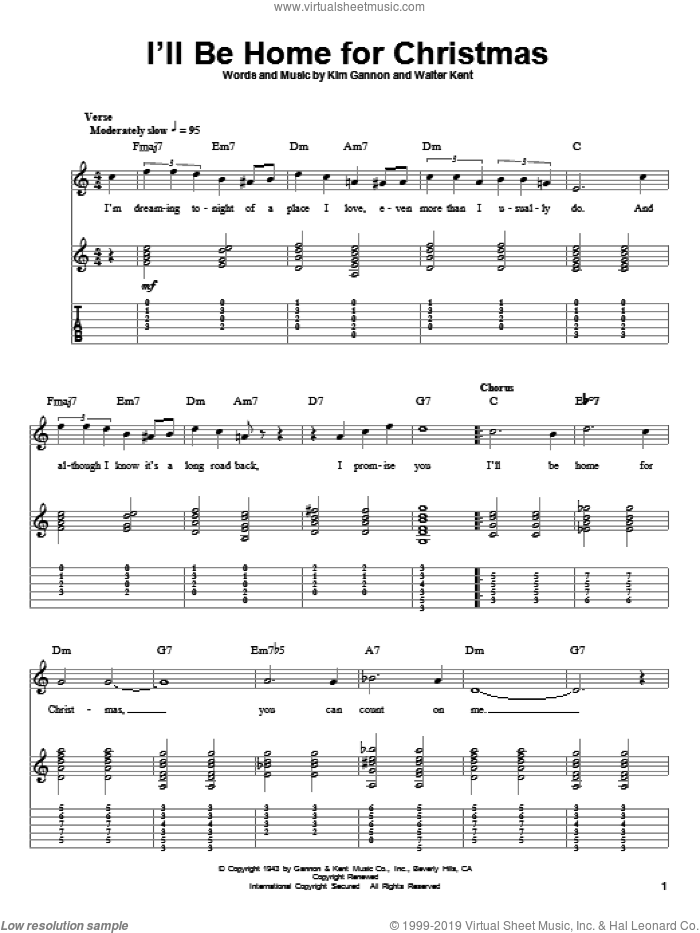 I'll Be Home For Christmas sheet music for guitar (tablature, play-along) by Bing Crosby, Kim Gannon and Walter Kent, intermediate skill level