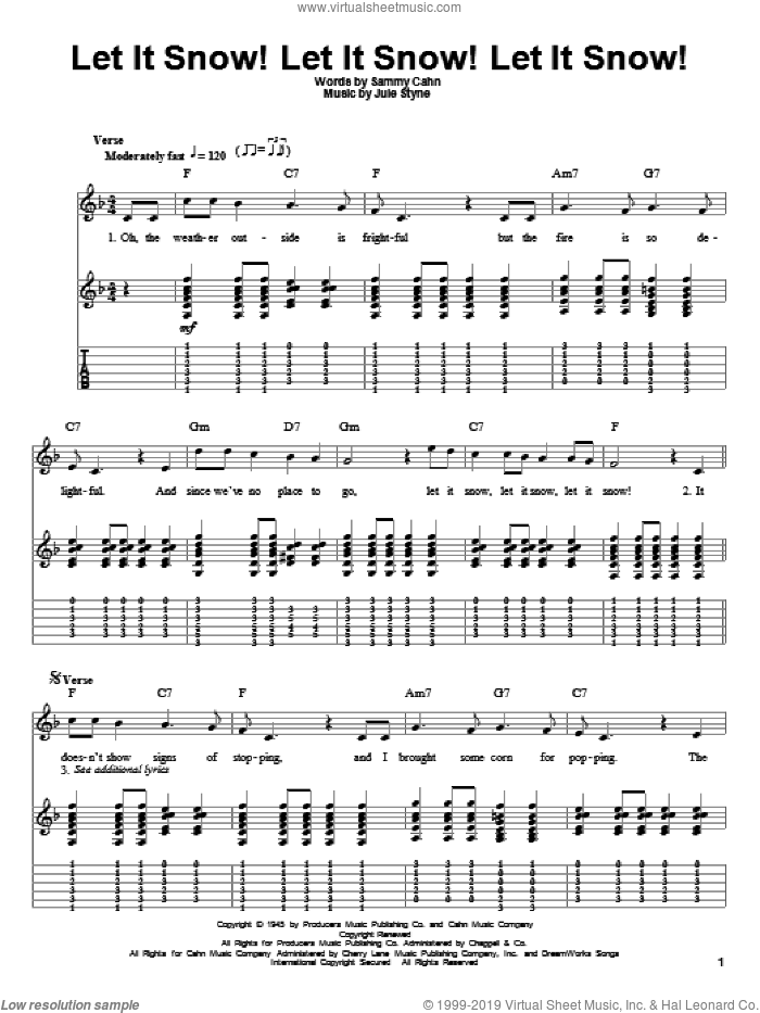 Let It Snow! Let It Snow! Let It Snow! sheet music for guitar (tablature, play-along) by Sammy Cahn and Jule Styne, intermediate skill level