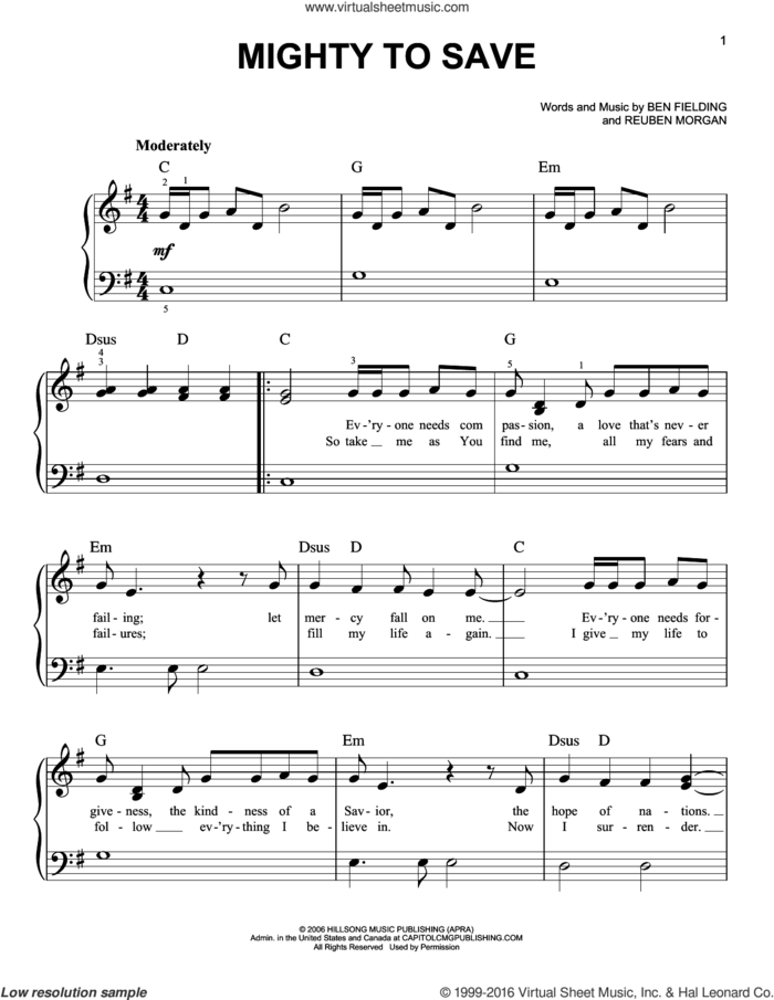 Mighty To Save, (easy) sheet music for piano solo by Reuben Morgan, Hillsong Worship, Laura Story and Ben Fielding, easy skill level