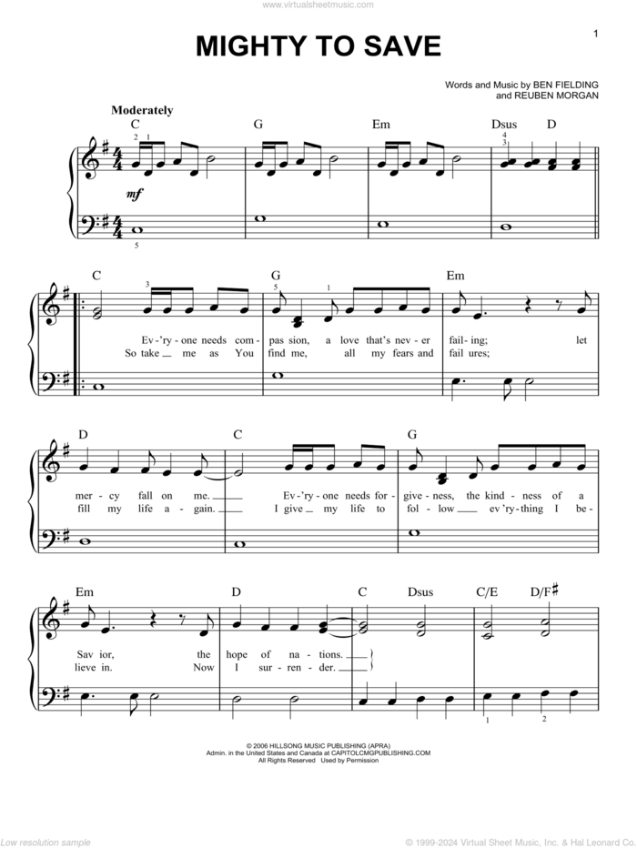 Mighty To Save, (easy) sheet music for piano solo by Reuben Morgan, Hillsong Worship, Laura Story and Ben Fielding, easy skill level