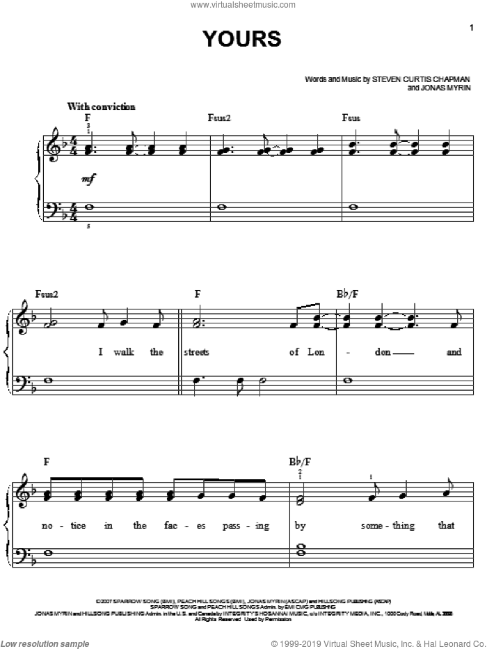 Yours sheet music for piano solo by Steven Curtis Chapman and Jonas Myrin, easy skill level