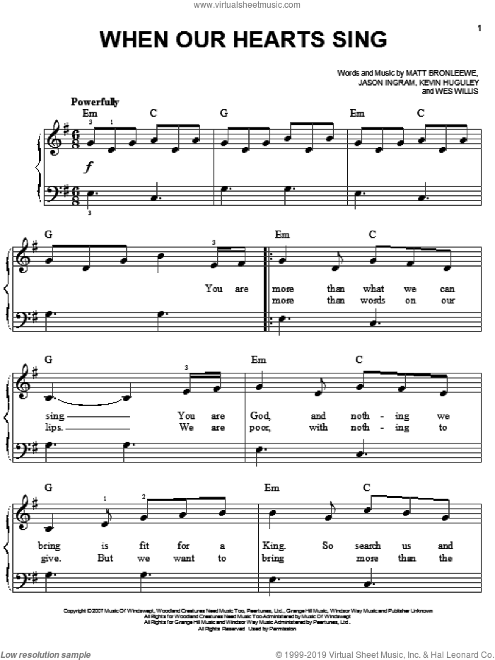 When Our Hearts Sing sheet music for piano solo by Rush Of Fools, Jason Ingram, Kevin Huguley, Matt Bronleewe and Wes Willis, easy skill level