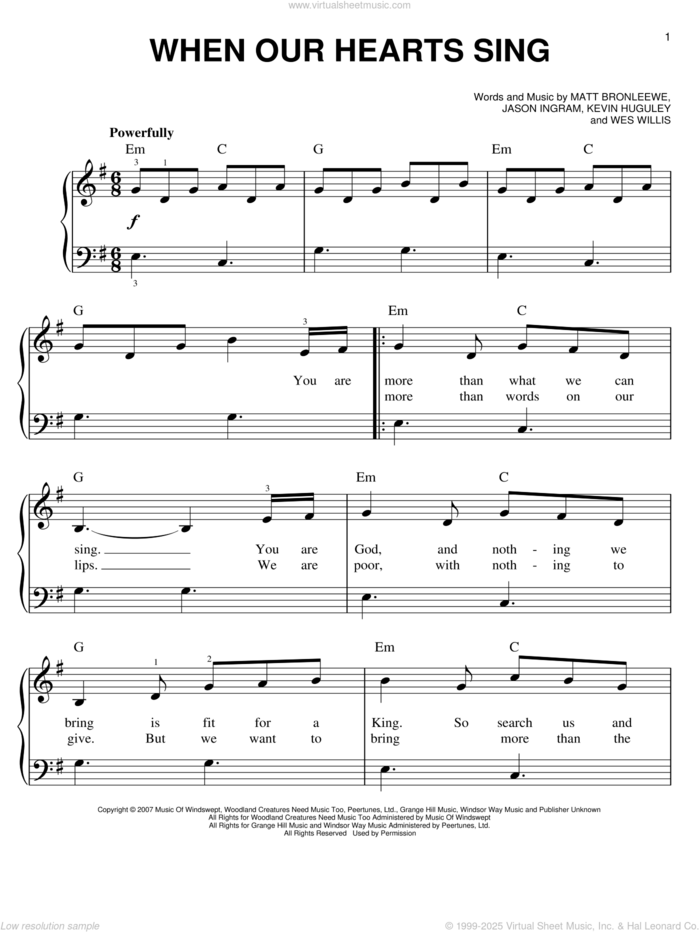 When Our Hearts Sing sheet music for piano solo by Rush Of Fools, Jason Ingram, Kevin Huguley, Matt Bronleewe and Wes Willis, easy skill level