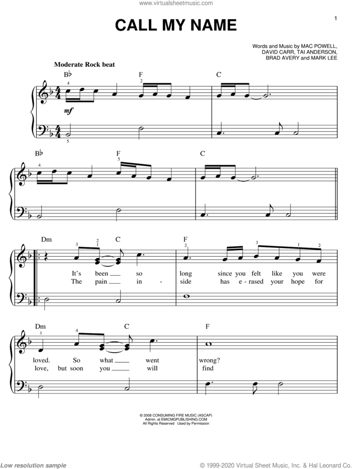 Call My Name sheet music for piano solo by Third Day, Brad Avery, David Carr, Mac Powell, Mark Lee and Tai Anderson, easy skill level