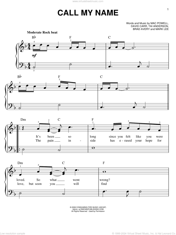 Call My Name sheet music for piano solo by Third Day, Brad Avery, David Carr, Mac Powell, Mark Lee and Tai Anderson, easy skill level