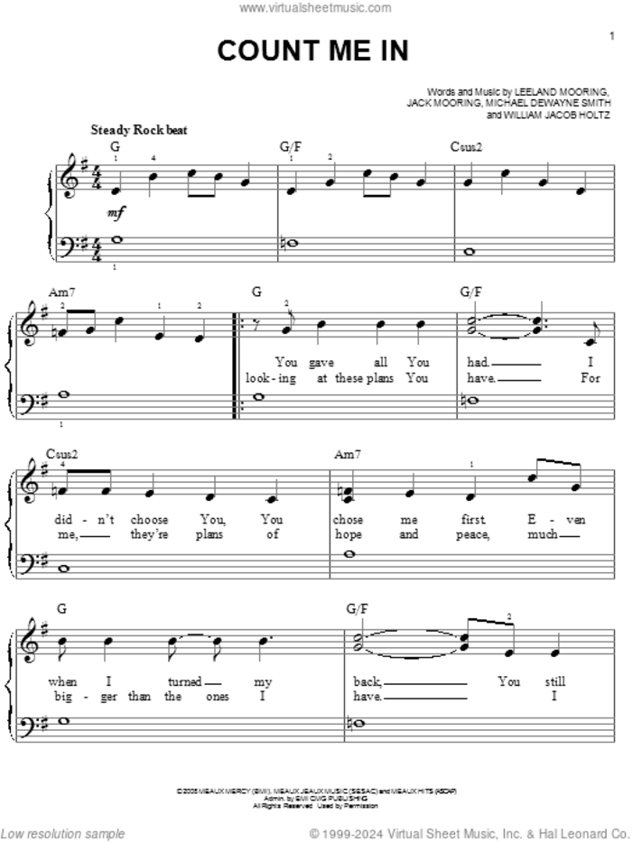 Count Me In sheet music for piano solo by Leeland, Jack Mooring, Leeland Mooring, Michael Dewayne Smith and William Jacob Holtz, easy skill level