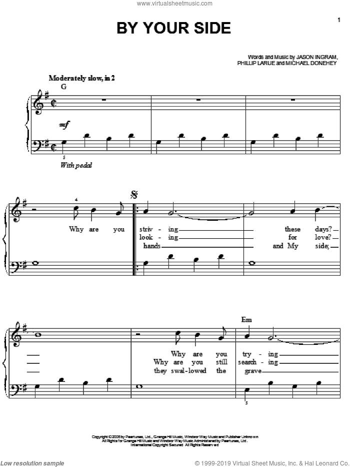 By Your Side sheet music for piano solo by Tenth Avenue North, Jason Ingram, Michael Donehey and Phillip Larue, easy skill level