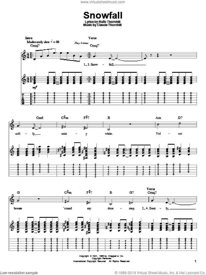 Snowfall sheet music for guitar (tablature, play-along) by Tony Bennett, Claude Thornhill and Ruth Thornhill, intermediate skill level