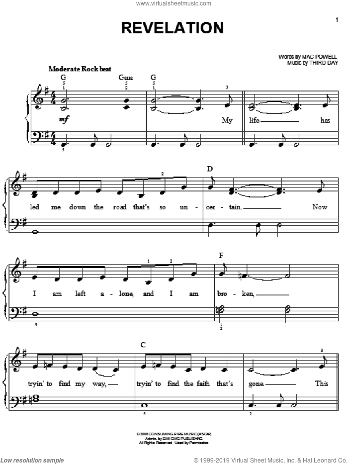 Revelation sheet music for piano solo by Third Day and Mac Powell, easy skill level