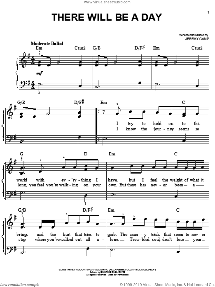There Will Be A Day sheet music for piano solo by Jeremy Camp, easy skill level