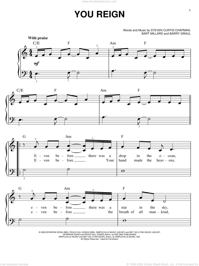 You Reign sheet music for piano solo by MercyMe, Barry Graul, Bart Millard and Steven Curtis Chapman, easy skill level