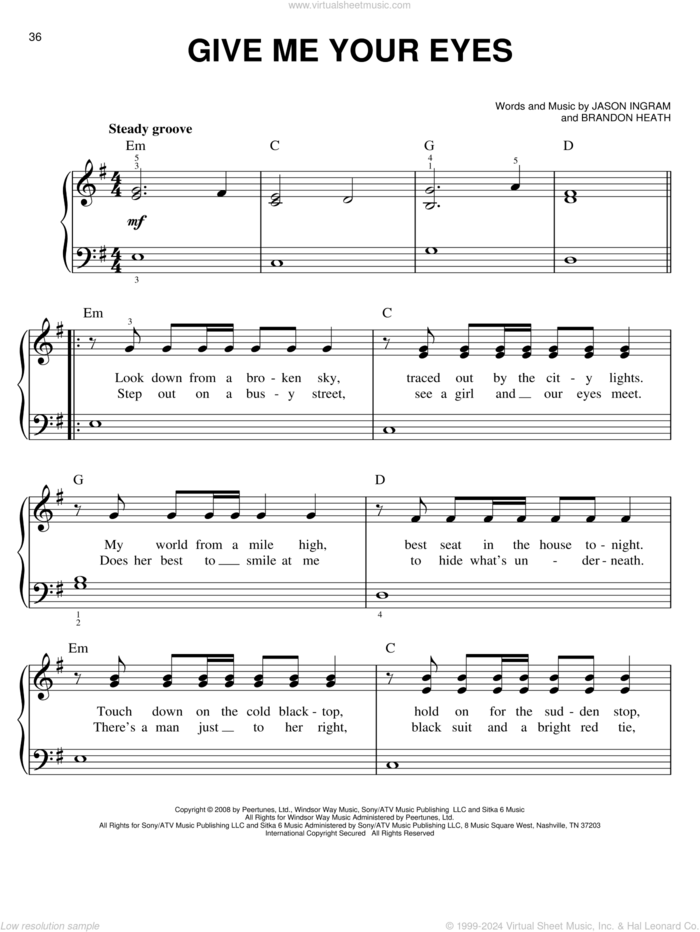 Give Me Your Eyes sheet music for piano solo by Brandon Heath and Jason Ingram, easy skill level