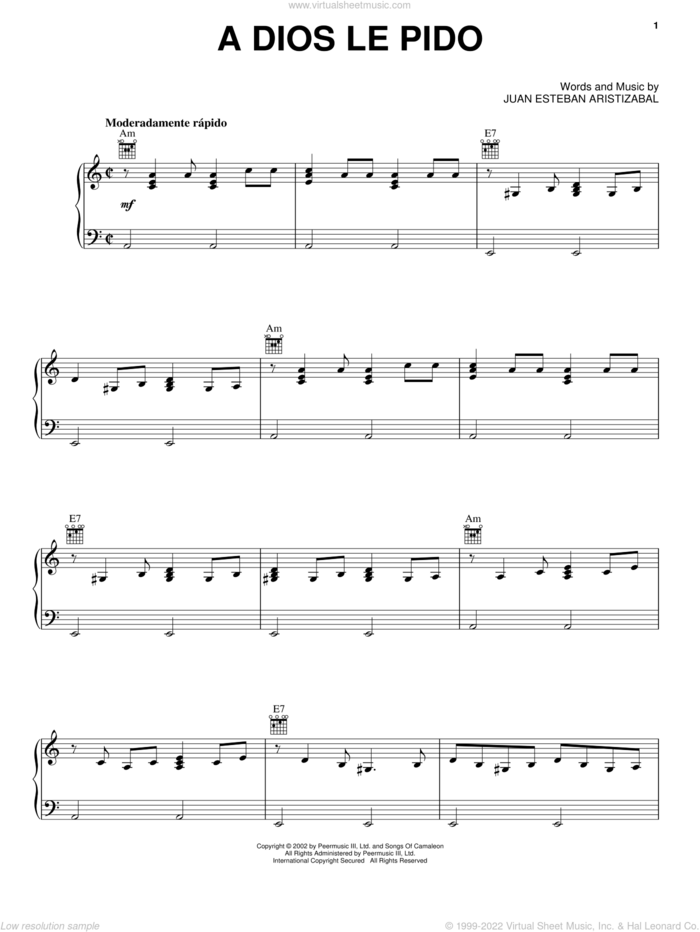 A Dios Le Pido sheet music for voice, piano or guitar by Juanes and Juan Esteban Aristizabal, intermediate skill level