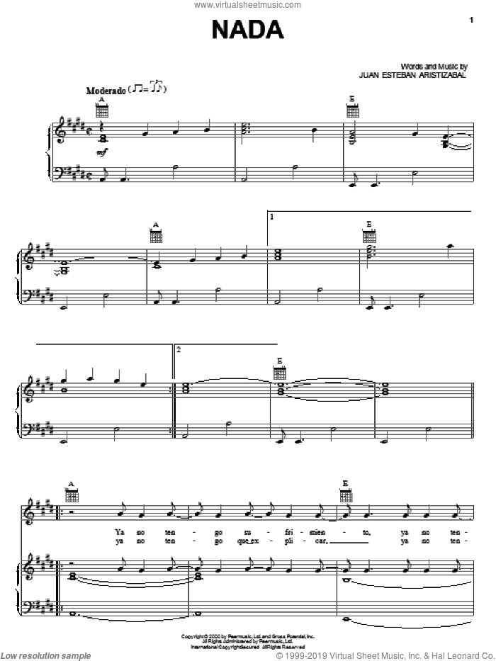 Nada sheet music for voice, piano or guitar by Juanes and Juan Esteban Aristizabal, intermediate skill level