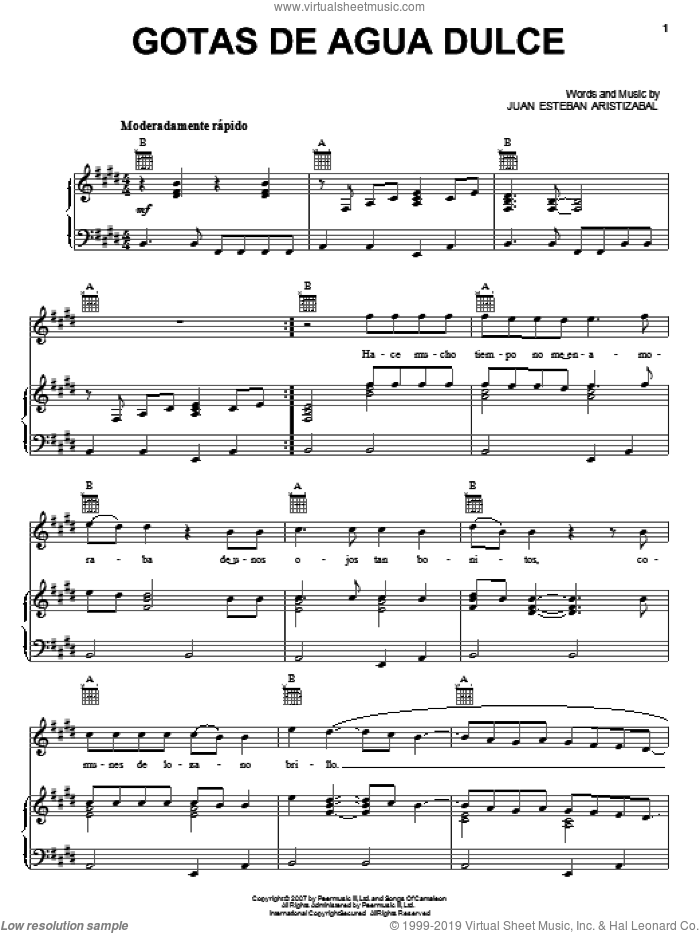 Gotas De Agua Dulce sheet music for voice, piano or guitar by Juanes and Juan Esteban Aristizabal, intermediate skill level