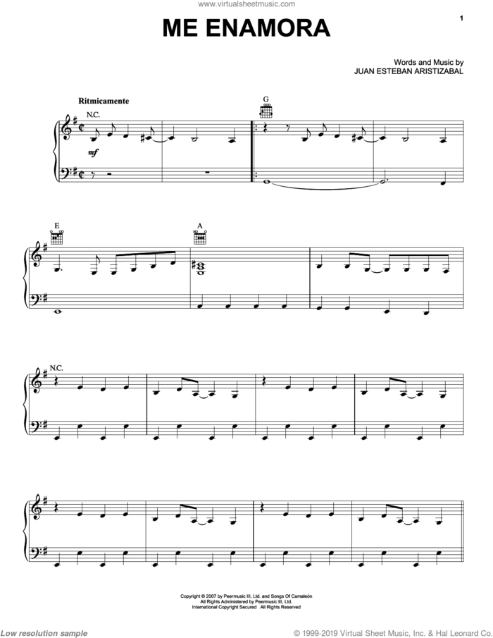 Me Enamora sheet music for voice, piano or guitar by Juanes and Juan Esteban Aristizabal, intermediate skill level
